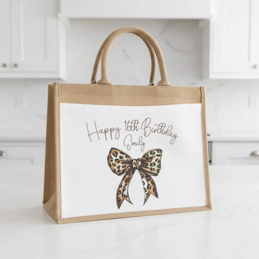 Birthday Leopard Print Bow Tote Bag