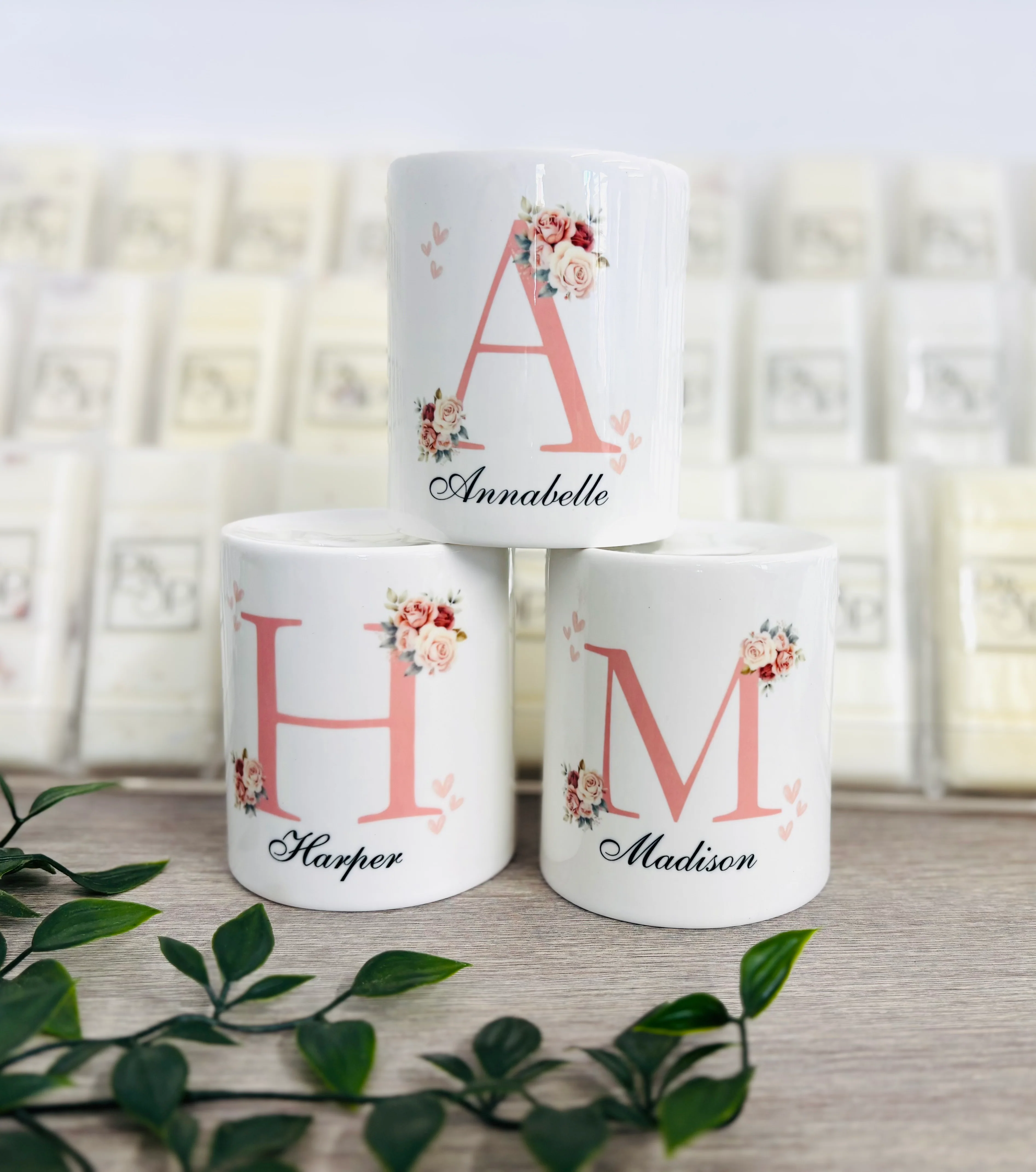 Ceramic Money Box Pink Initial/ Floral Design - Image 2