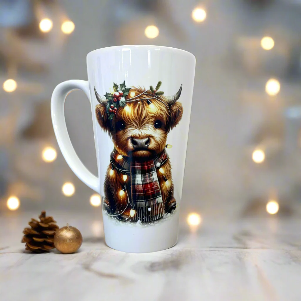 Highland Cow Red/White Tartan Scalf Latte Ceramic Mug 17oz