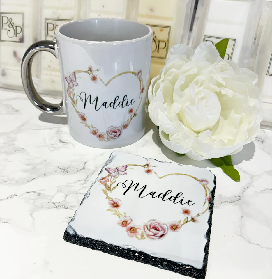 Love Heart Name Mug and Coaster Set