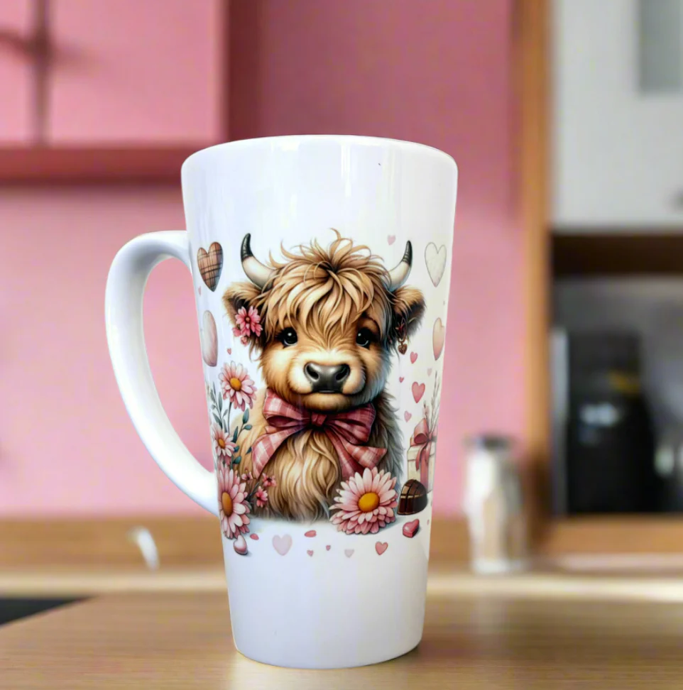 New Latte Highland Cow flowers and Chocolate Ceramic Mug 17oz