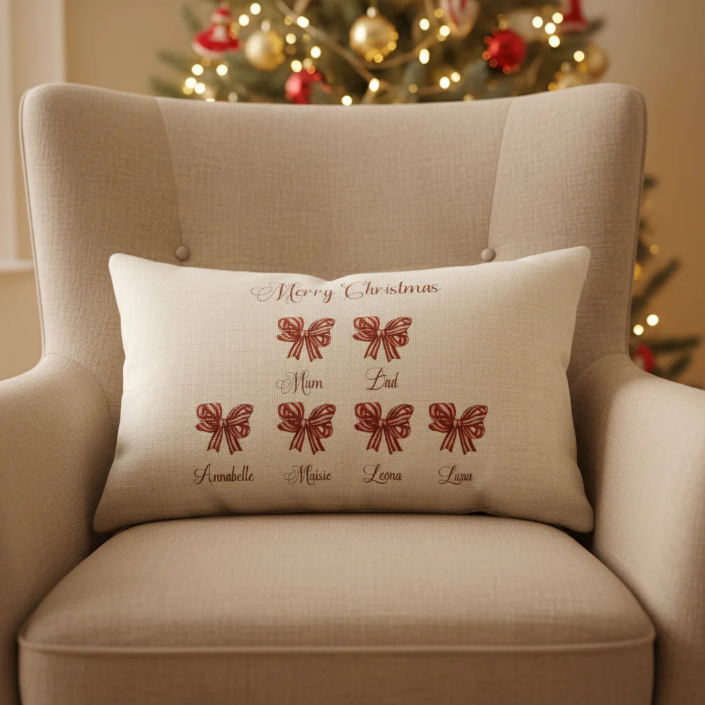 Red and White Striped Bows family Christmas - Filled Cushion
