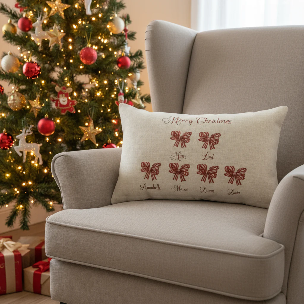 Red and White Striped Bows family Christmas - Filled Cushion - Image 2