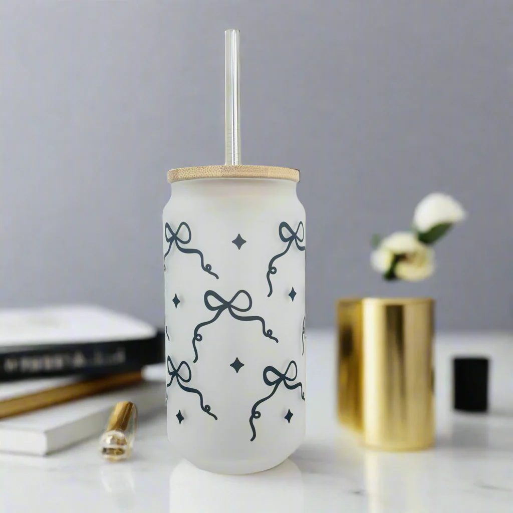 Black Bow Frosted Glass Can 18oz Tumbler